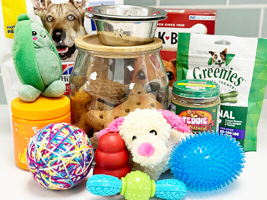 These are a few items that are on our wish list: toys, treats, Hill's dog food, and bowls.