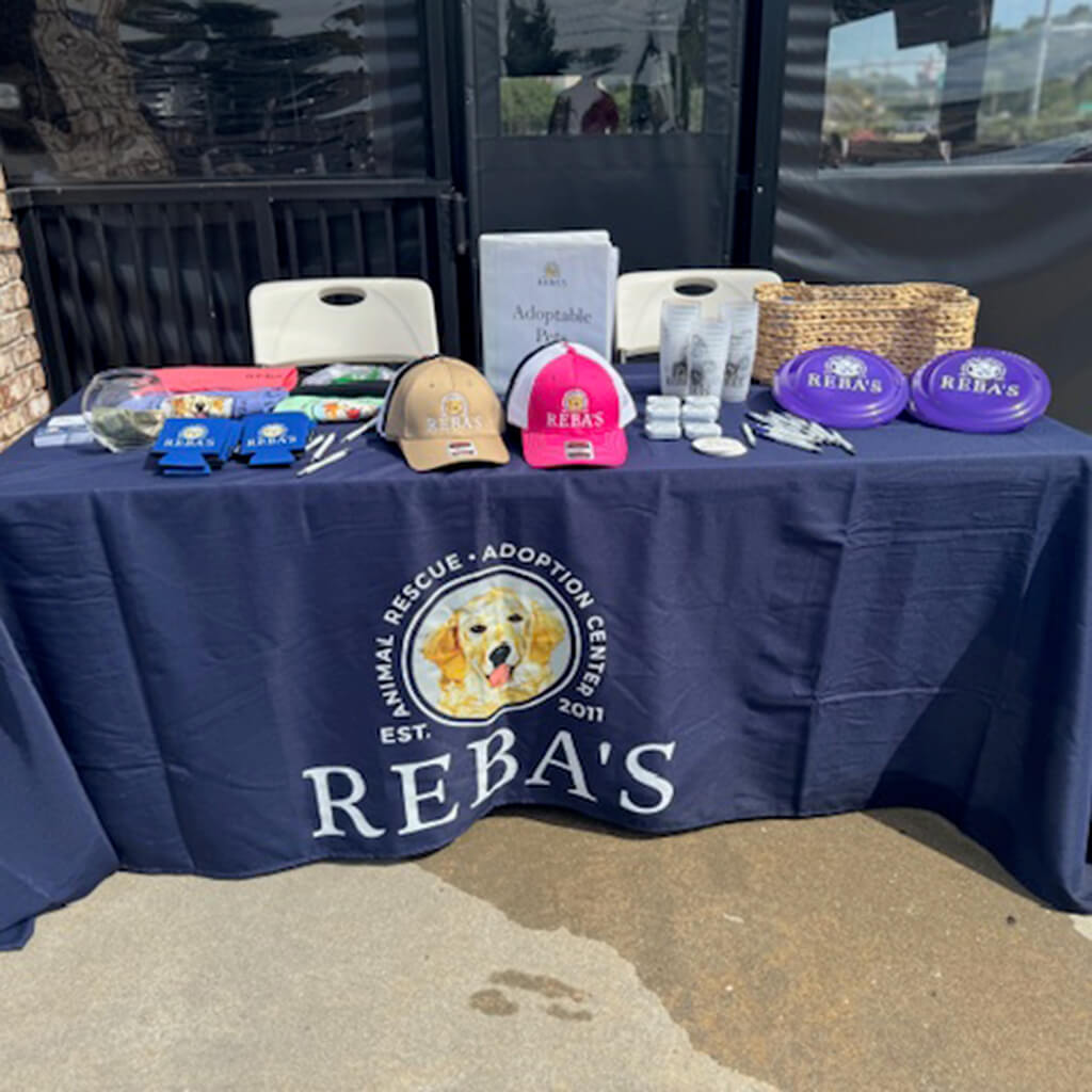 Reba's blue table is covered with merch and donation bowl and adoptable pets binder. Table is set up outside of Bubbas 33.