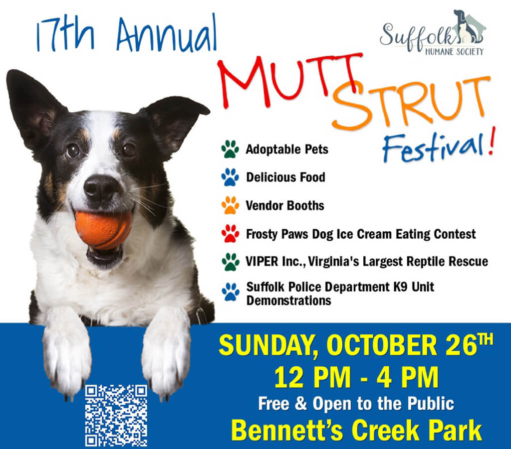 17th Annual Mutt Strutt Sunday, October 26 | 12-4pm | Bennett's Creek Park Suffolk Humane Society