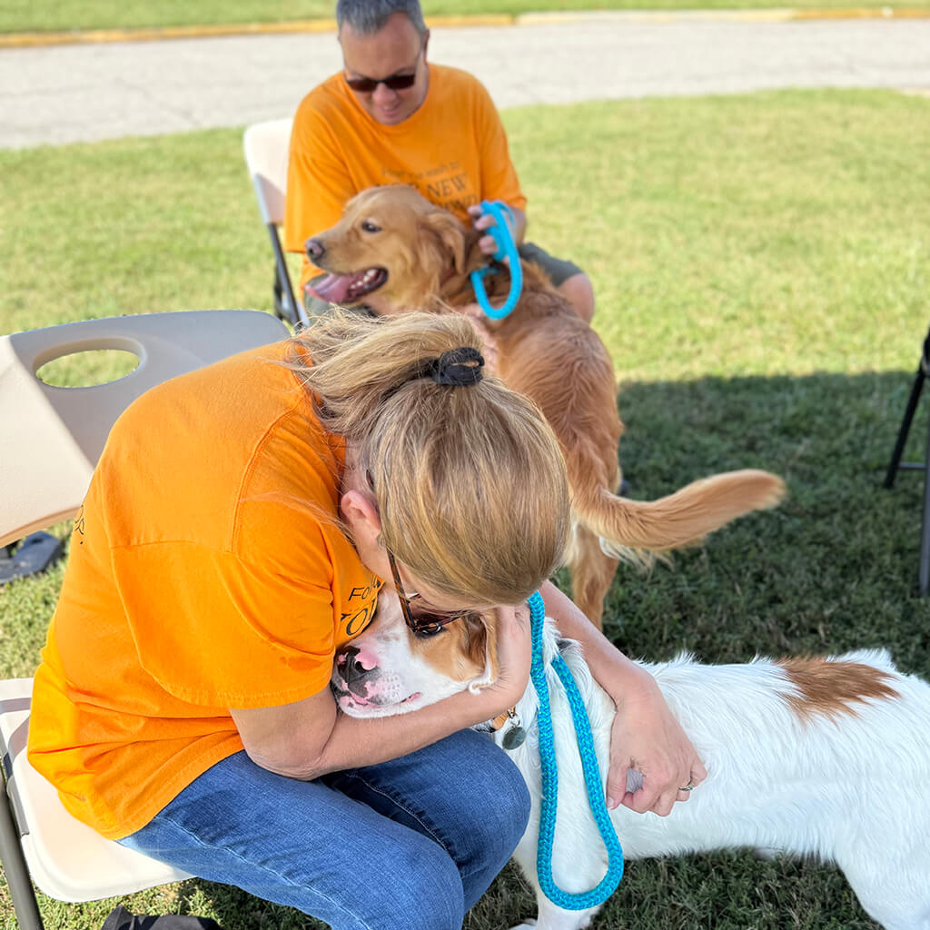 two volunteers in orange shirts are cuddling with the adoptable dogs