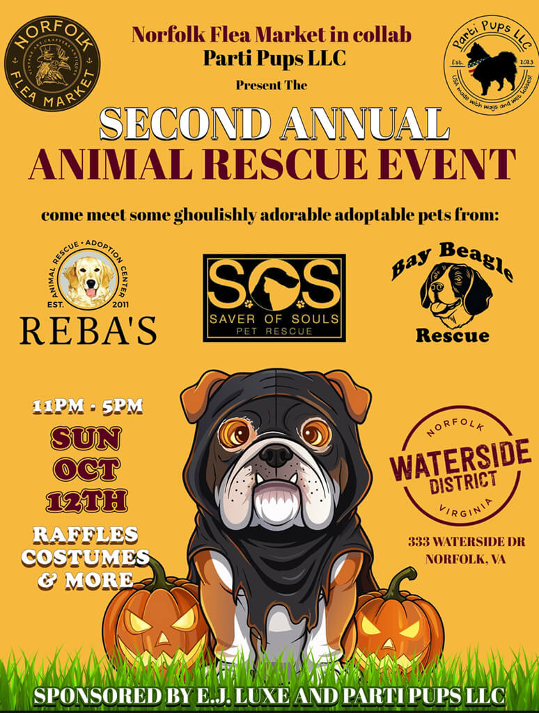 Orange flyer for Norfolk Flea Market 2nd Annual Animal Rescue Event Flyer with sponsors listed and a cartoon bull dog in middle with pumpkins.