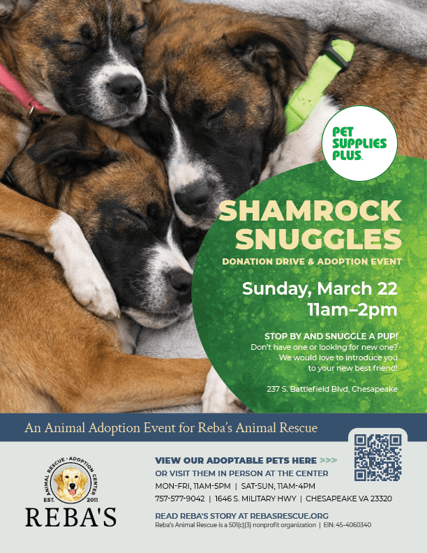 Pet Supplies Plus Shamrock Snuggles graphic of three dogs cuddling together.