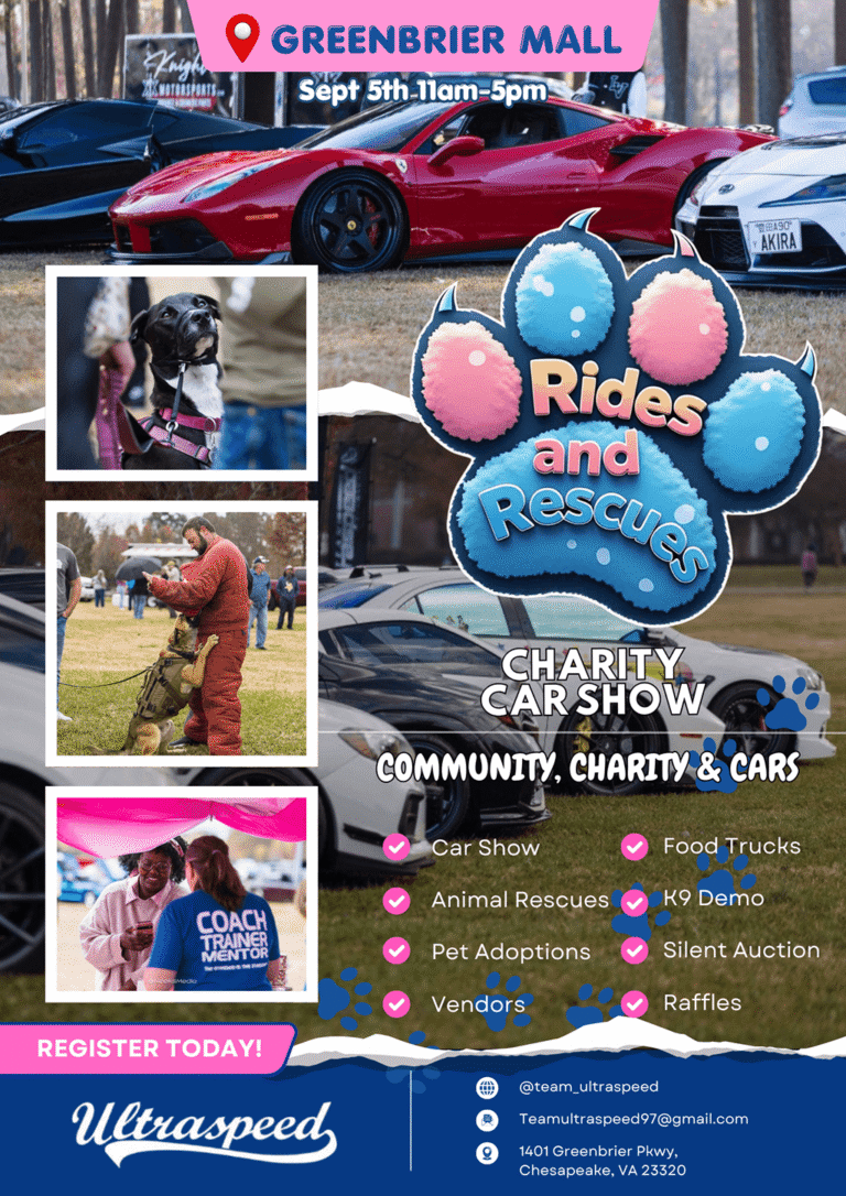 Event flyer for the Rides and Rescues at Greenbrier Mall in Chesapeake