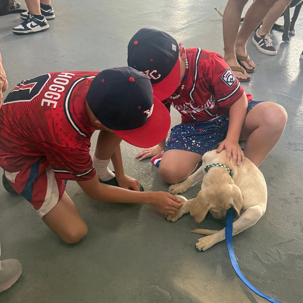 Two kids playing with the puppy